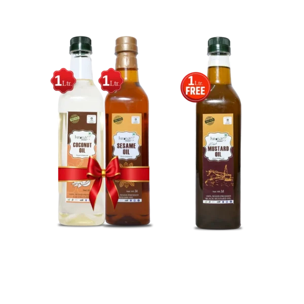 Premium Cooking Oil Combo (Buy 1 Ltr Coconut Oil with 1 Ltr Sesame Oil & Get 1 Ltr Black Mustard Oil Free)