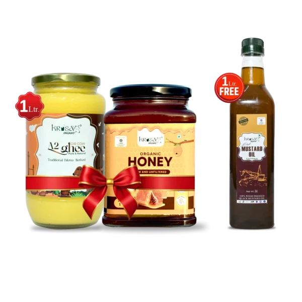 Family Health Combo (Buy 1 Ltr A2 Pure Cow Ghee with 1 Ltr Honey & get 1 Ltr Black Mustard Oil Free)