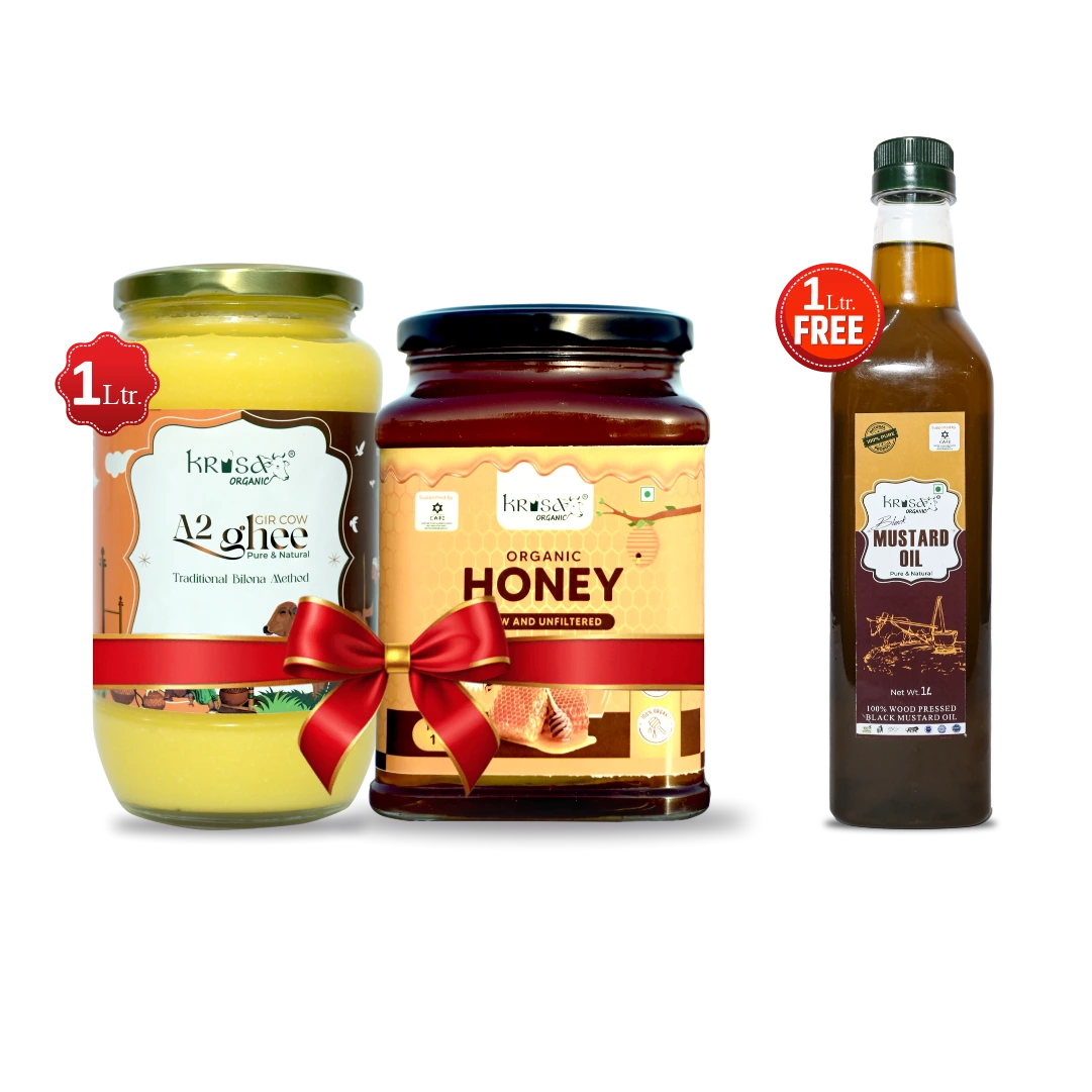 Family Health Combo (Buy 1 Ltr A2 Pure Cow Ghee with 1 Ltr Honey & get 1 Ltr Black Mustard Oil Free)